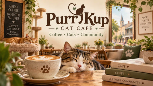 Purr Kup Cat Cafe specialty coffee and cat-inspired gifts representing the Fredericksburg Virginia brand and its Coffee Cats Community mission.