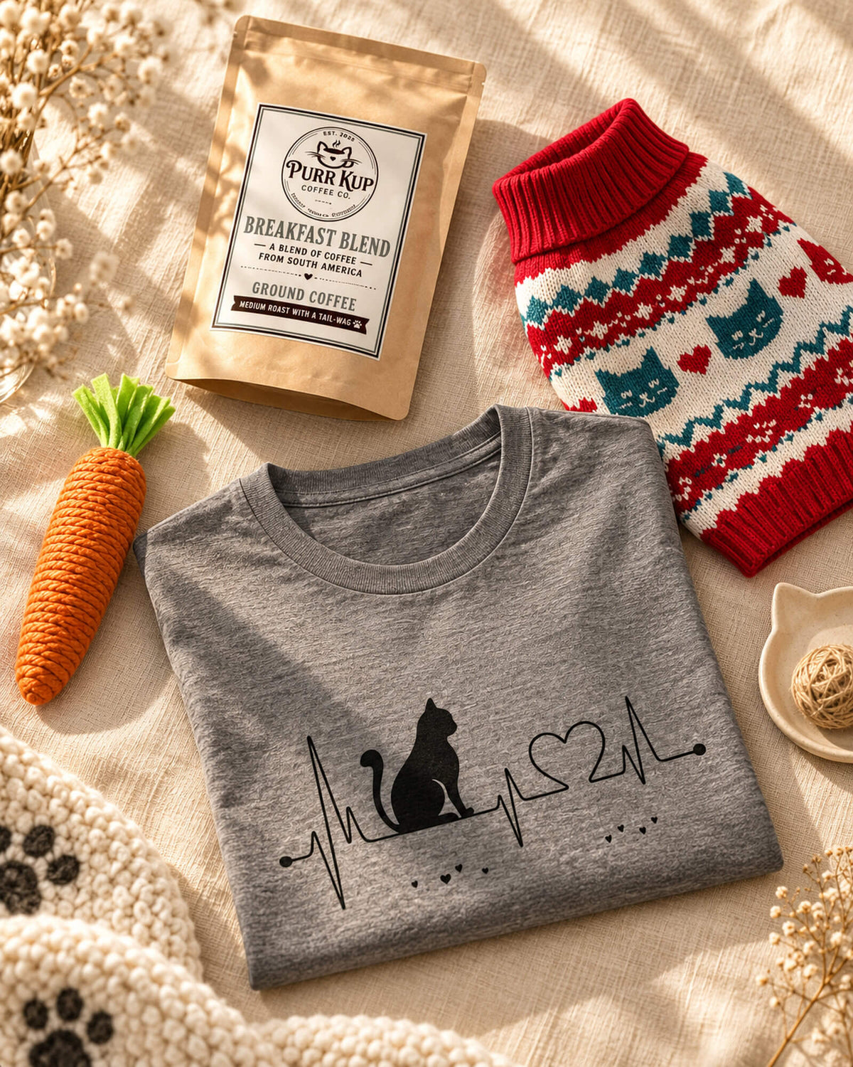 Cat-themed gifts featuring a gray cat-print T-shirt, Christmas cat sweater, and carrot-shaped cat toy from Purr Kup Cat Cafe.