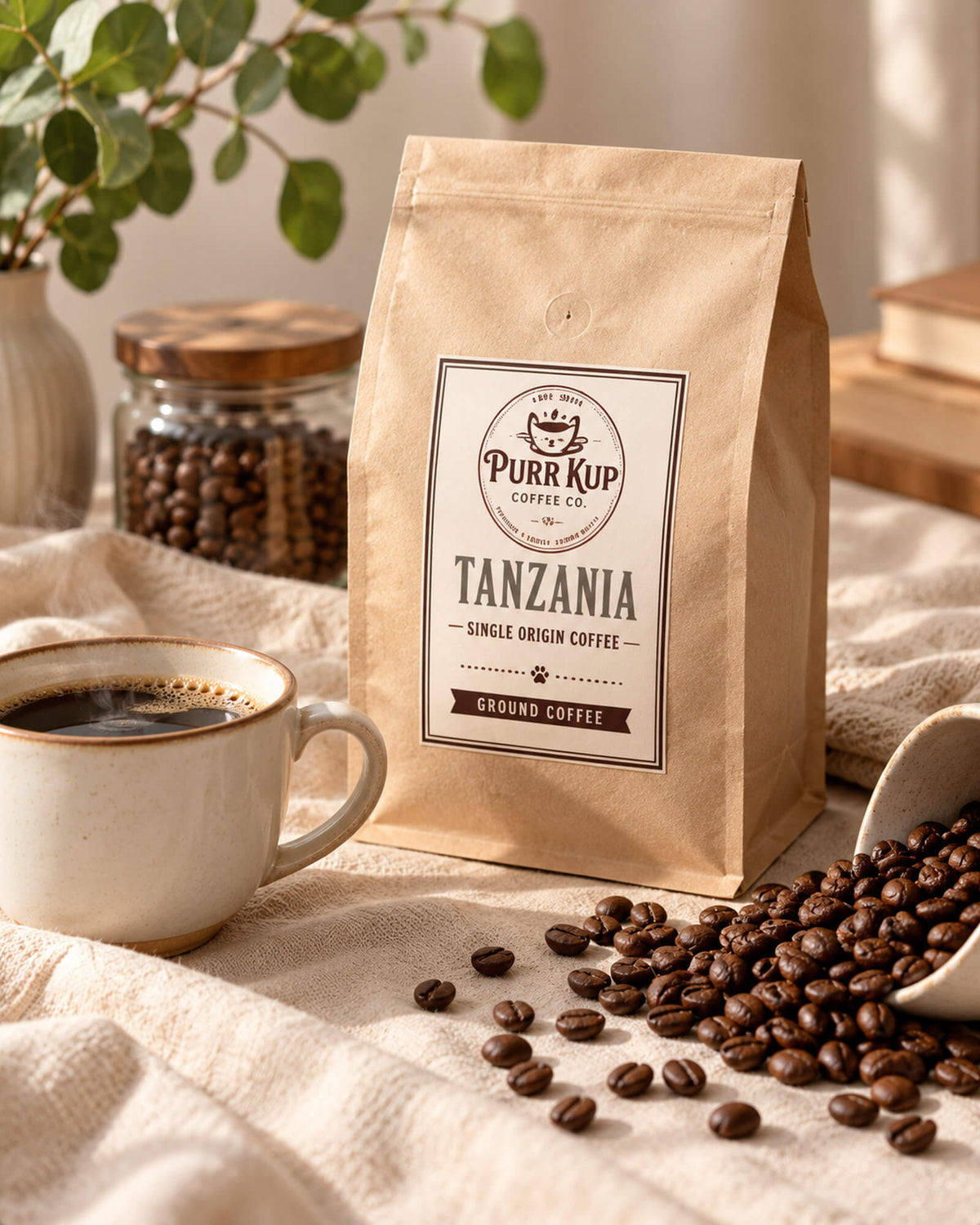 Purr Kup Tanzania Single Origin Coffee in a kraft bag, displayed with freshly brewed coffee and roasted coffee beans.