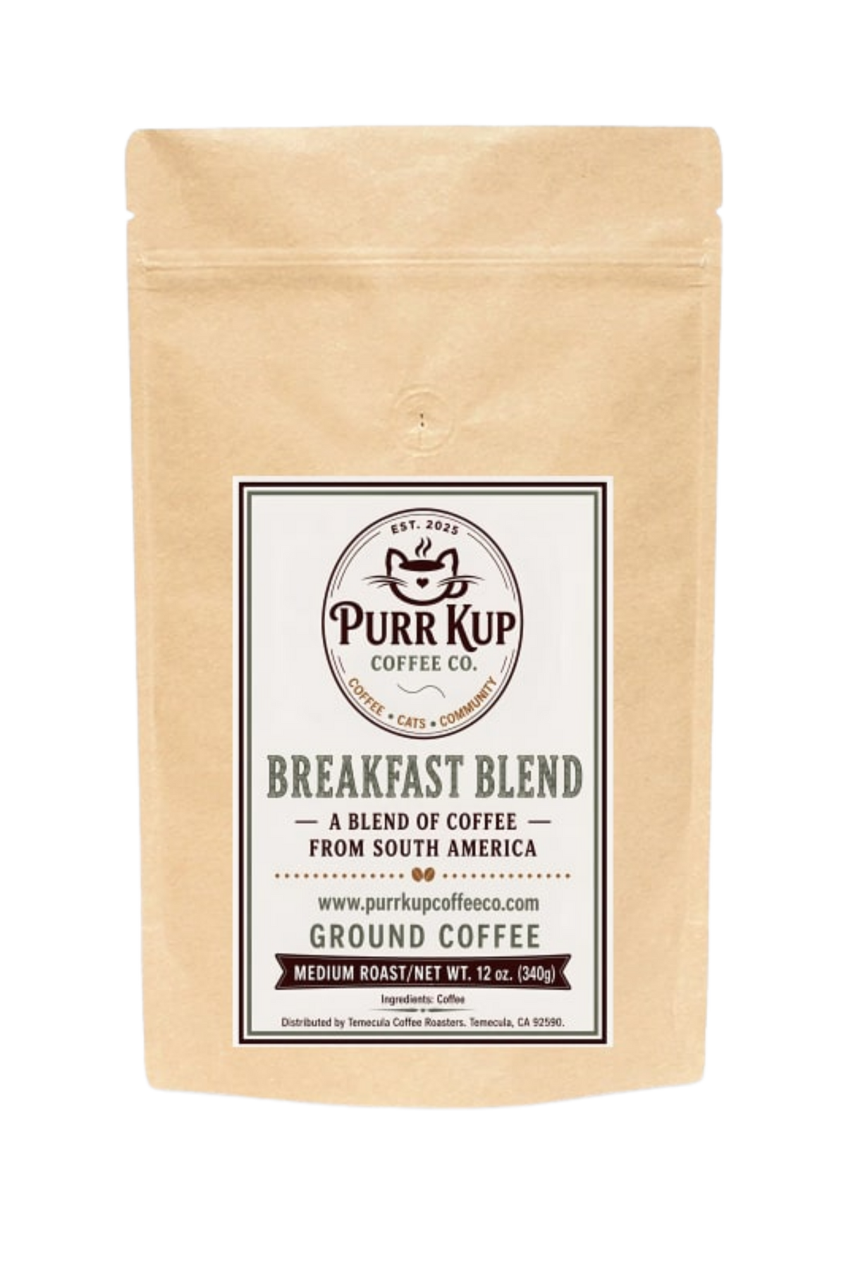 Purr Kup Coffee Co. Breakfast Blend medium roast ground coffee in a 12 oz kraft paper bag