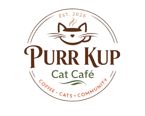 Purr Kup Cat Cafe logo featuring a cat and coffee cup with the Coffee, Cats, Community slogan