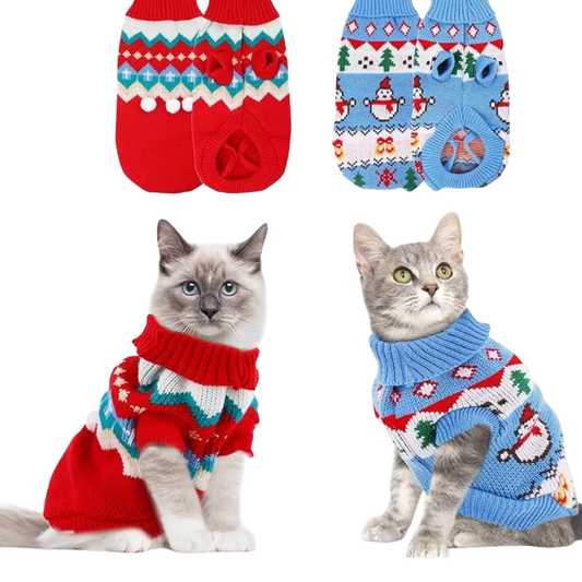 Red and blue Christmas sweaters for cats featuring festive holiday patterns, shown alongside two cats wearing the matching sweater designs.