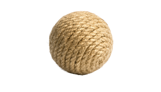 Natural tan rope-wrapped cat toy ball with a tightly woven textured surface, shown individually against a transparent background.