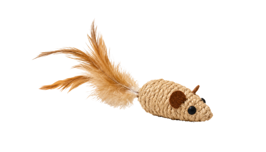 Natural tan rope-wrapped sisal mouse cat toy with small brown ears, black eyes and a long fluffy feather tail.