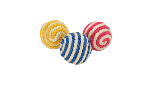 Three striped jute and sisal cat toy balls with yellow and cream, blue and cream, and pink and cream spiral rope patterns.